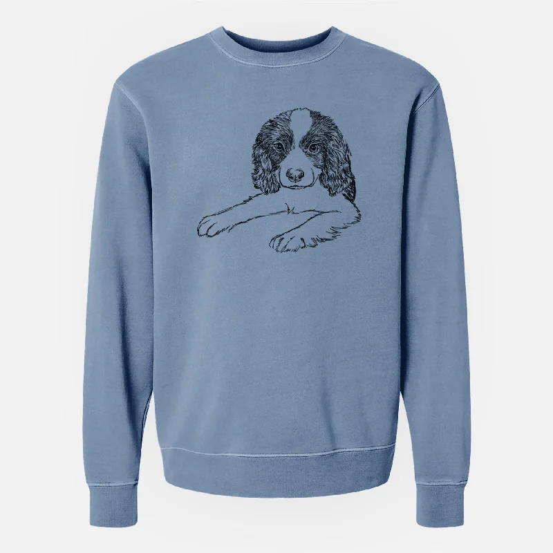 Doodled Bandit the English Springer Spaniel Puppy - Unisex Pigment Dyed Crew Sweatshirt Hoodie with Rolled Sleeves Casual Relaxed Hoodie with Rolled Sleeves Casual Relaxed