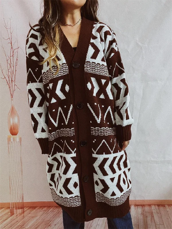 Geometric Button Front Longline Cardigan Sequined Glittery Shiny Sequined Glittery Shiny