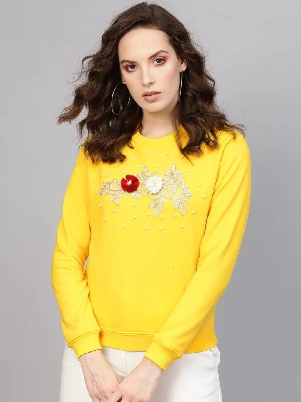 Yellow Floral Patch Sweatshirt Hoodie with Embroidery Detailed Premium Hoodie with Embroidery Detailed Premium