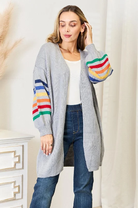 Angel Wings Multicolored Stripe Open Front Longline Cardigan Cable Knit Ribbed Knit Lace Knit Cable Knit Ribbed Knit Lace Knit