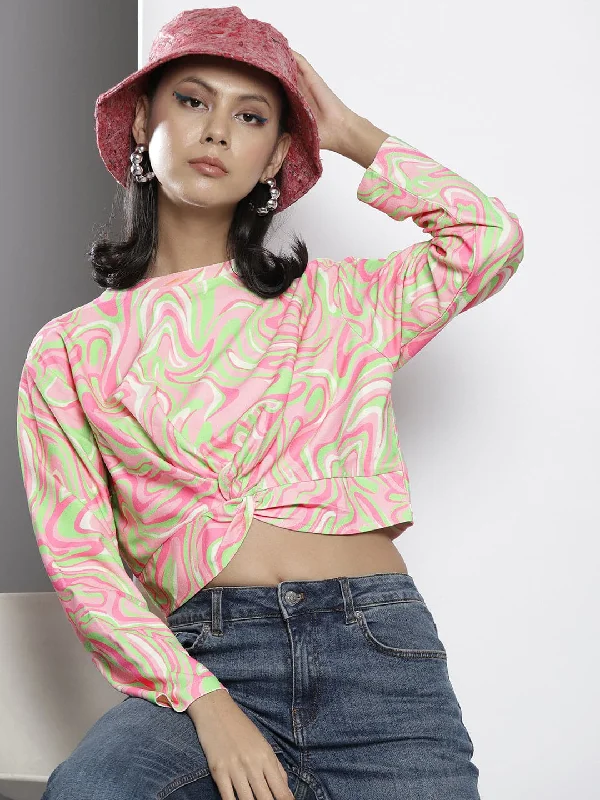 Women Pink & Green Waves Print Knot Crop Sweatshirt Hoodie with Belted Waist Structured Tailored Hoodie with Belted Waist Structured Tailored