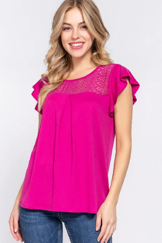 ACTIVE BASIC Ruffle Short Sleeve Lace Detail Knit Top Women's Knit Top