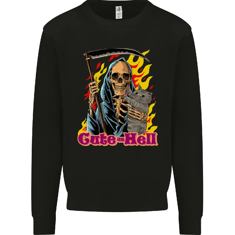 Cute Hell Cat Grim Reaper Skull Halloween Mens Sweatshirt Jumper Hoodie with Slit Hem Functional Movement Hoodie with Slit Hem Functional Movement