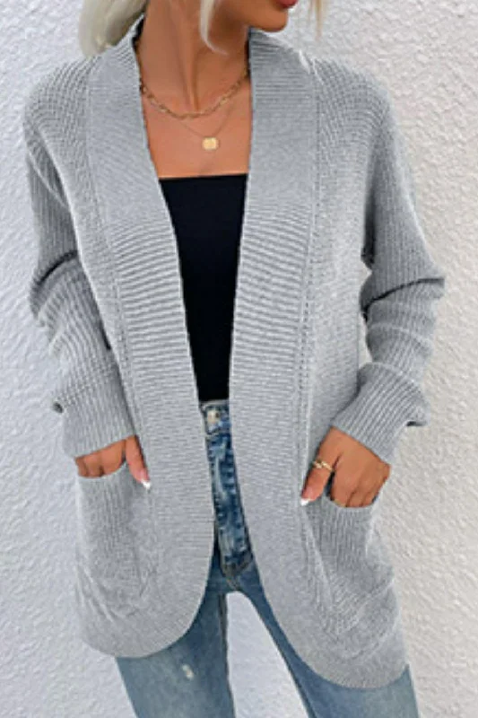 Open Front Rib-Knit Cardigan with Pockets Spandex Rayon Corduroy Spandex Rayon Corduroy