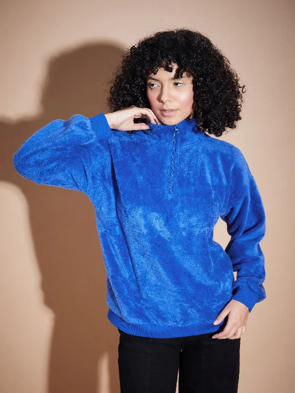 Women Royal Blue Front Zipper High Neck Sweatshirt Hoodie with Zipper Versatile Modern Hoodie with Zipper Versatile Modern