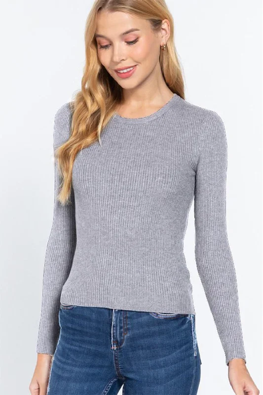 ACTIVE BASIC Full Size Ribbed Round Neck Long Sleeve Knit Top Comfortable Knit Tee