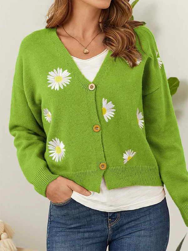 Flower Button Front Dropped Shoulder Cardigan Toggled Drawstring Belted Toggled Drawstring Belted