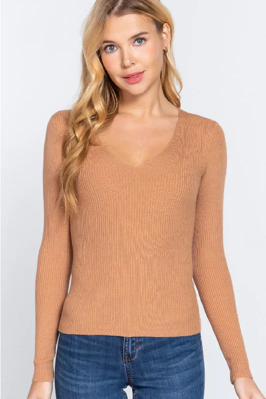 ACTIVE BASIC V-Neck Fitted Viscose Rib Knit Top Vintage Knit Top