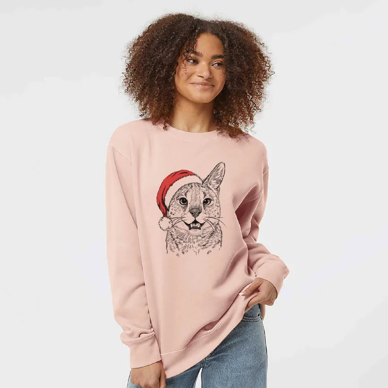 Santa Lucky the Serval Cat - Unisex Pigment Dyed Crew Sweatshirt Hoodie with Tied Waist Feminine Flattering Hoodie with Tied Waist Feminine Flattering