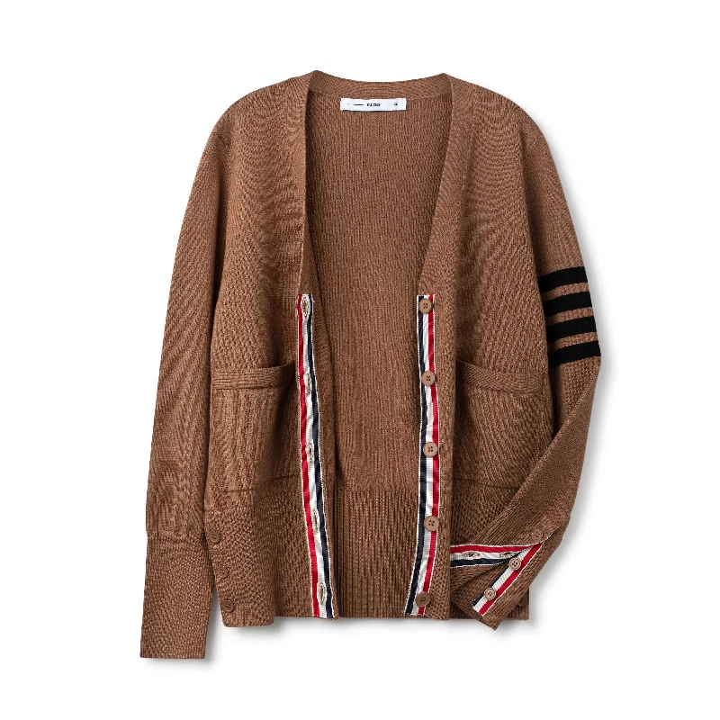 Varsity Striped Cardigan - Mocha/Black Collared Crew Neck Turtle Neck Collared Crew Neck Turtle Neck