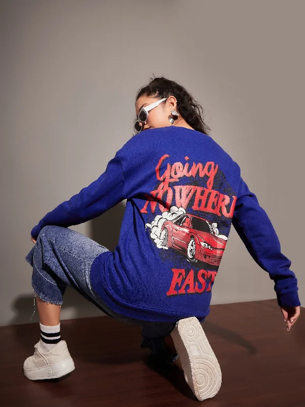 Women Royal Blue GOING NOWHERE Oversized Sweatshirt Hoodie with Distressed Vintage Worn Hoodie with Distressed Vintage Worn