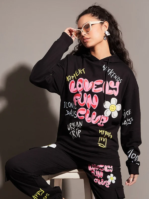 Women Black LOVELY FUN CLUB Hoodie Hoodie with Cropped Fit Short Trendy Hoodie with Cropped Fit Short Trendy