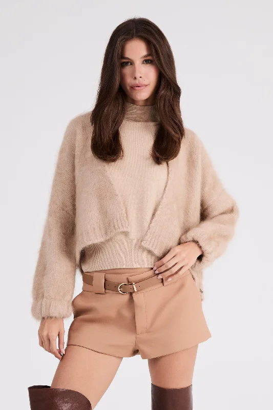 + Beryll Anita Cashmere Cropped Cardigan | Latte Toggled Drawstring Belted Toggled Drawstring Belted