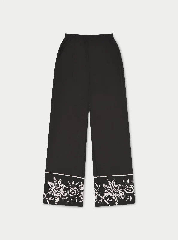 PALM EMBROIDERY WIDE LEG TROUSERS - BLACK Trousers practical easy-care Trousers practical easy-care