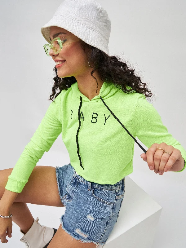 Neon Green Baby-Print Crop Boxy Hoodie Hoodie with Hem Embroidery Detailed Premium Hoodie with Hem Embroidery Detailed Premium