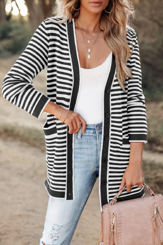 Striped Open Front Long Sleeve Cardigan Layered Multi-layer Single Layer Layered Multi-layer Single Layer