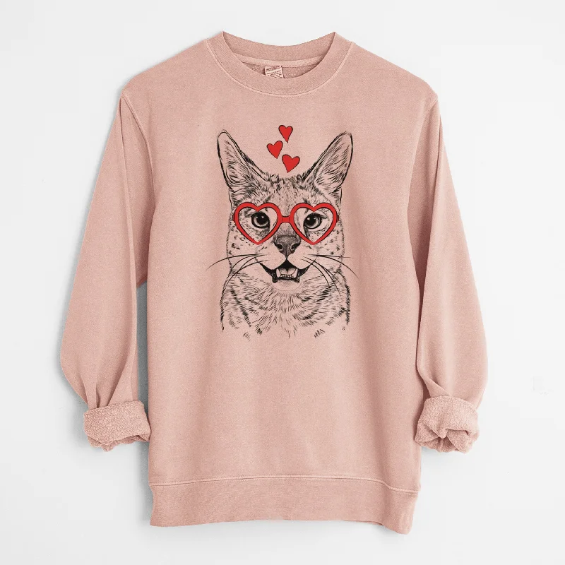 Valentine Lucky the Serval Cat - Unisex Pigment Dyed Crew Sweatshirt Hoodie with Belted Waist Structured Tailored Hoodie with Belted Waist Structured Tailored