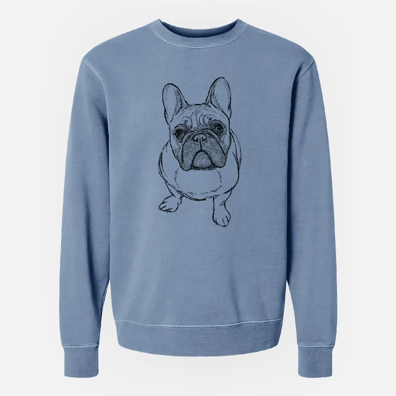 Doodled River the French Bulldog - Unisex Pigment Dyed Crew Sweatshirt Hoodie with Belted Waist Structured Tailored Hoodie with Belted Waist Structured Tailored