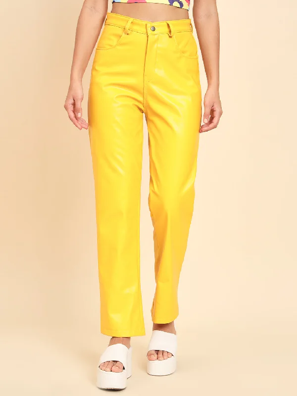 TANDUL Women Regular Fit Yellow Faux Leather Trousers Trousers Hiking Durable Trousers Hiking Durable