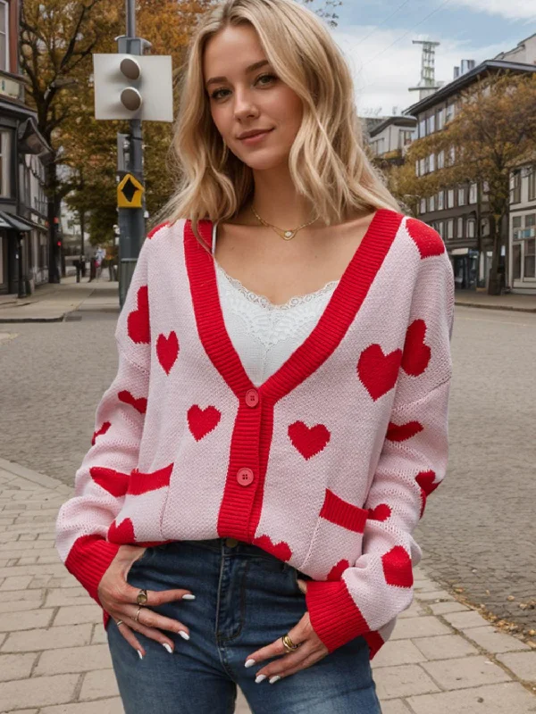 Heart Button Up Dropped Shoulder Long Sleeve Cardigan Thin Thick Dense Thin Thick Dense