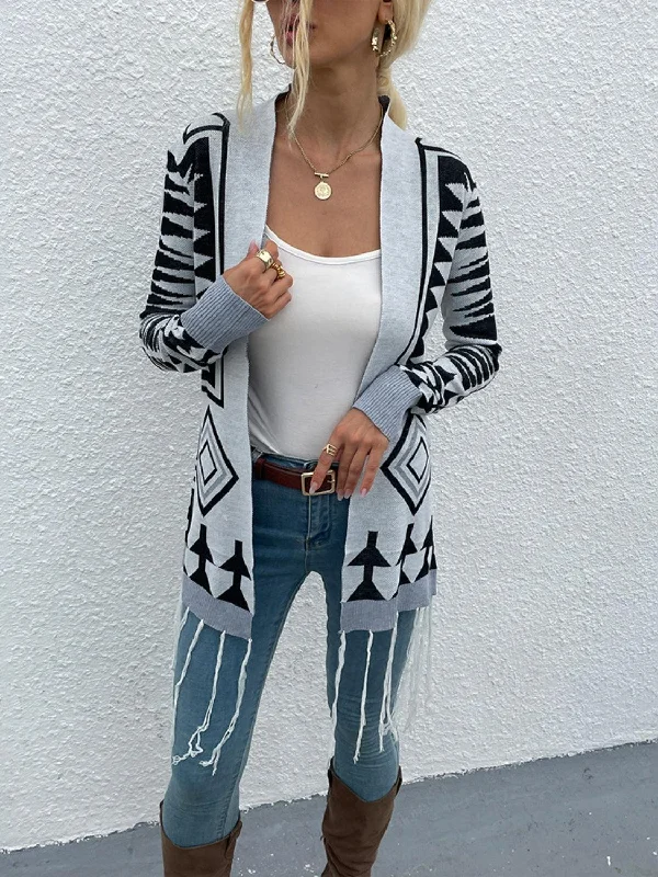 Shiny Geometric Fringe Hem Open Front Cardigan Slim Fit Regular Fit Oversized Slim Fit Regular Fit Oversized