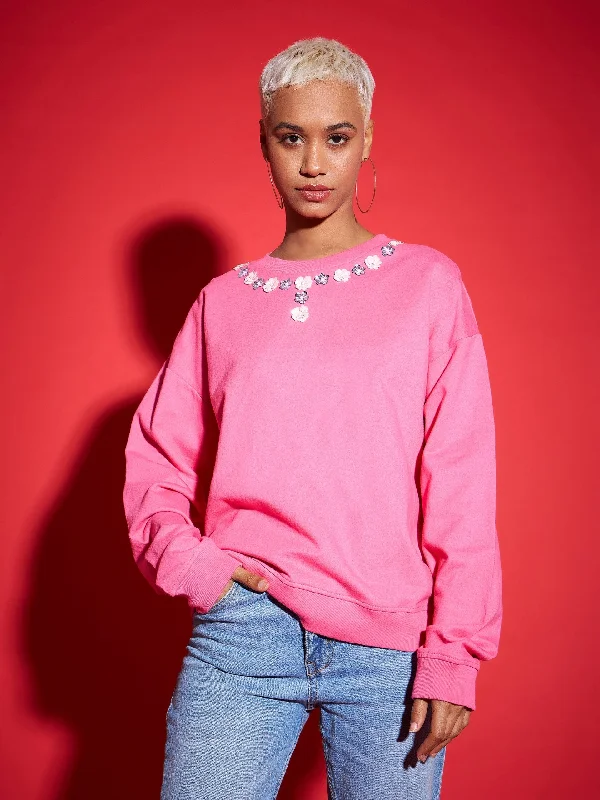 Women Pink Terry Neck Sequin Embellished Oversized Sweatshirt Hoodie with Mock Neck Collared Structured Hoodie with Mock Neck Collared Structured