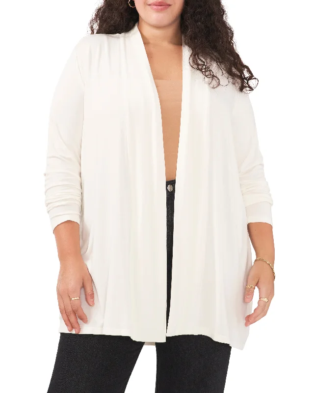 Plus-Size Open Front Long Line Cardigan Front Pockets Side Pockets Patch Pockets Front Pockets Side Pockets Patch Pockets