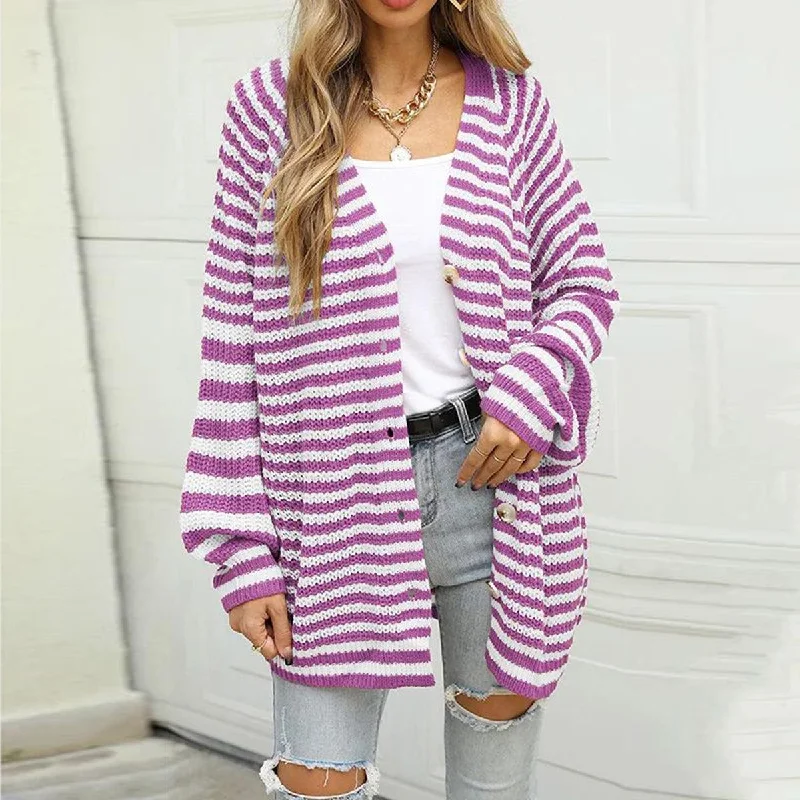 Striped Button Down Long Sleeve Cardigan Crew Neck V-Neck Turtle Neck Crew Neck V-Neck Turtle Neck