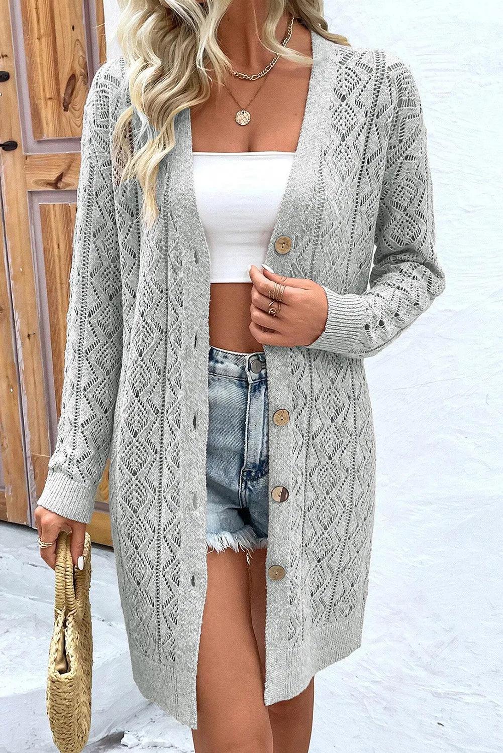 Openwork Button Down Long Sleeve Cardigan Real Fur Shearling Chenille Real Fur Shearling Chenille