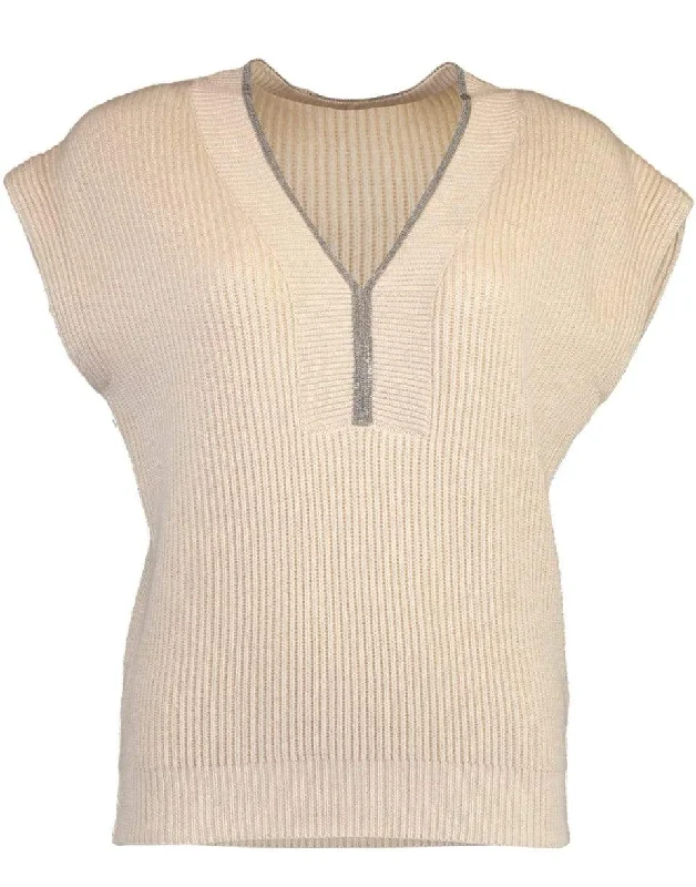 Monili Trim V-Neck Cap Sleeve Lurex Ribbed Knit Top Recycled Knit Tee