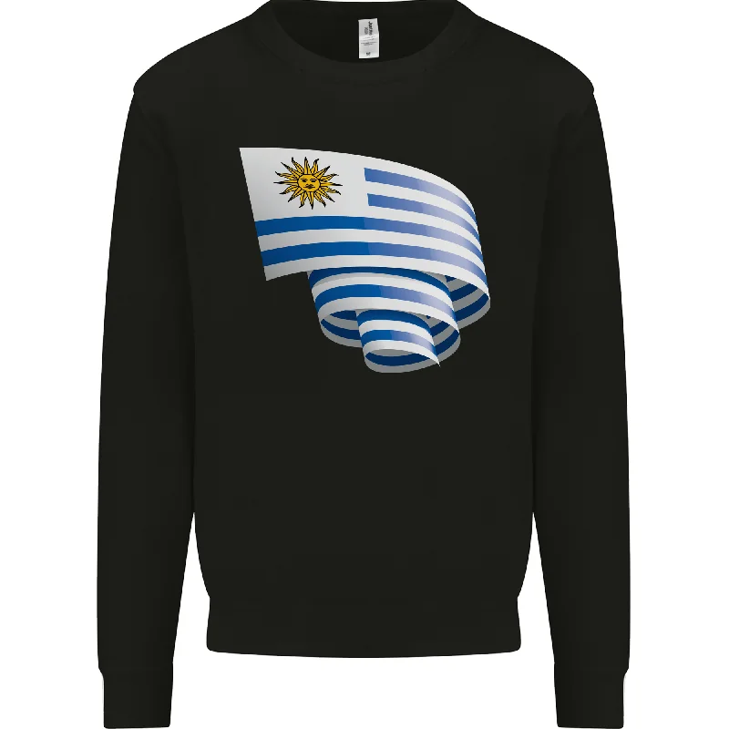 Curled Uruguay Flag Uruguayan Day Football Mens Sweatshirt Jumper Hoodie with Hem Raw Edge Edgy Unfinished Hoodie with Hem Raw Edge Edgy Unfinished