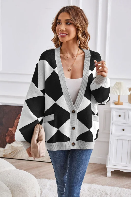 Geometric Lantern Sleeve Cardigan with Pockets Casual Formal Business Casual Formal Business