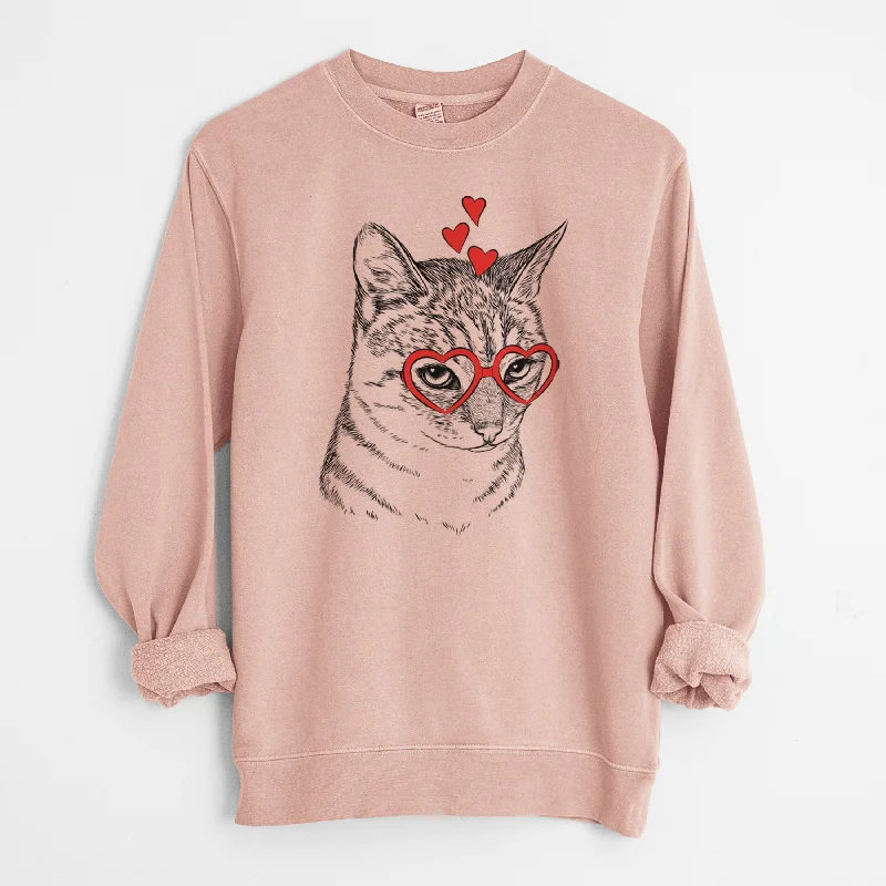 Valentine Dora the Tabby Cat - Unisex Pigment Dyed Crew Sweatshirt Hoodie with Hem Embroidery Detailed Premium Hoodie with Hem Embroidery Detailed Premium