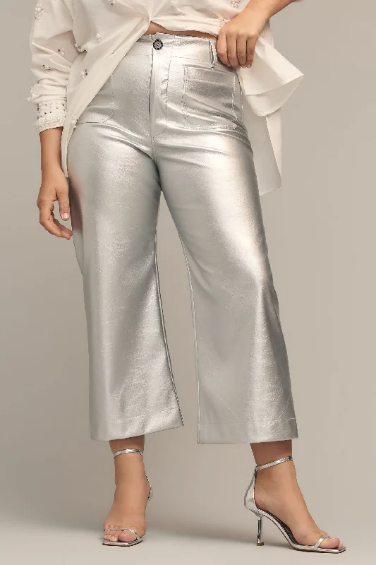 TANDUL  Women Regular Fit Silver Faux Leather Trousers Trousers Summer Linen Trousers Summer Linen