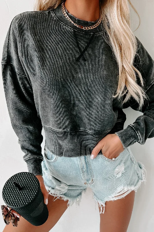 Mineral Wash Cropped Pullover Sweatshirt (Black) Hoodie with Print Artistic Unique Hoodie with Print Artistic Unique