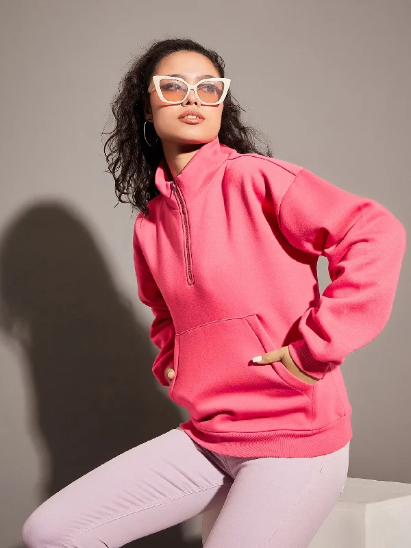 Women Pink Fleece Front Zipper Sweatshirt Hoodie with Half-Zip Sporty Casual Hoodie with Half-Zip Sporty Casual