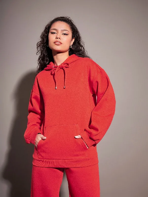 Women Red Fleece Oversized Hoodie Hoodie with High-Low Hem Asymmetrical Trendy Hoodie with High-Low Hem Asymmetrical Trendy