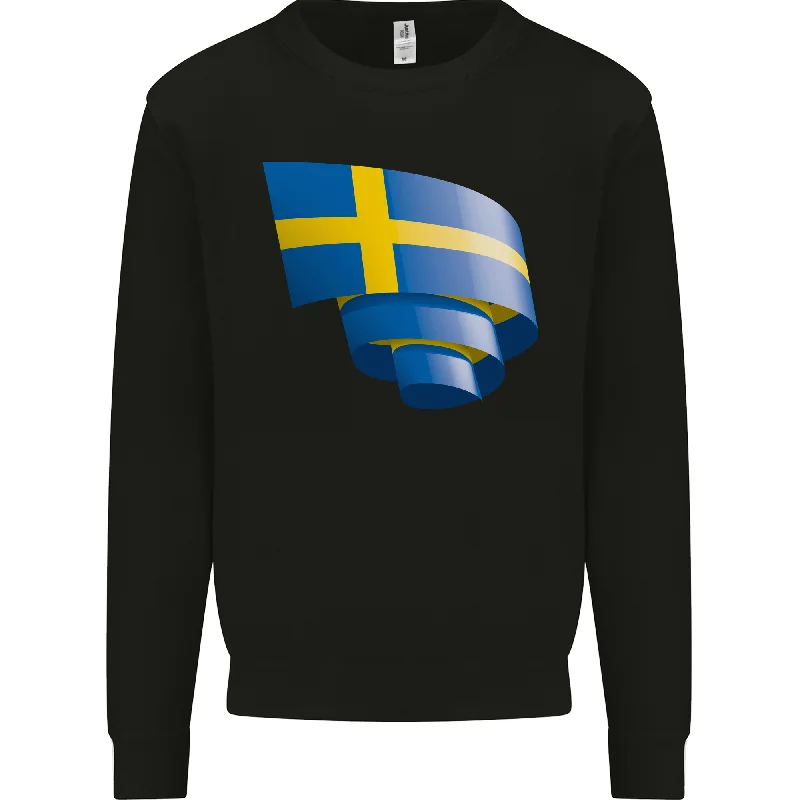 Curled Swedish Flag Sweden Day Football Mens Sweatshirt Jumper Hoodie with Hem Embroidery Detailed Premium Hoodie with Hem Embroidery Detailed Premium