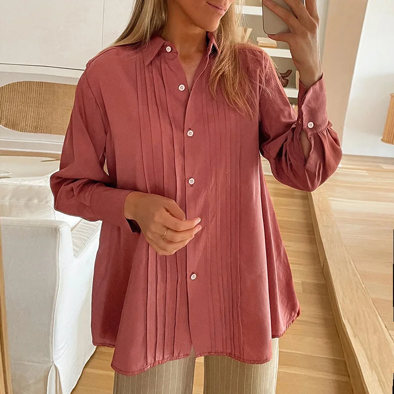 IKEARLAX solid color simple basic shirt 2025 foreign trade casual button cardigan shirt top women Rayon Fabric Velvet Fabric Corduroy Fabric Rayon Fabric Velvet Fabric Corduroy Fabric