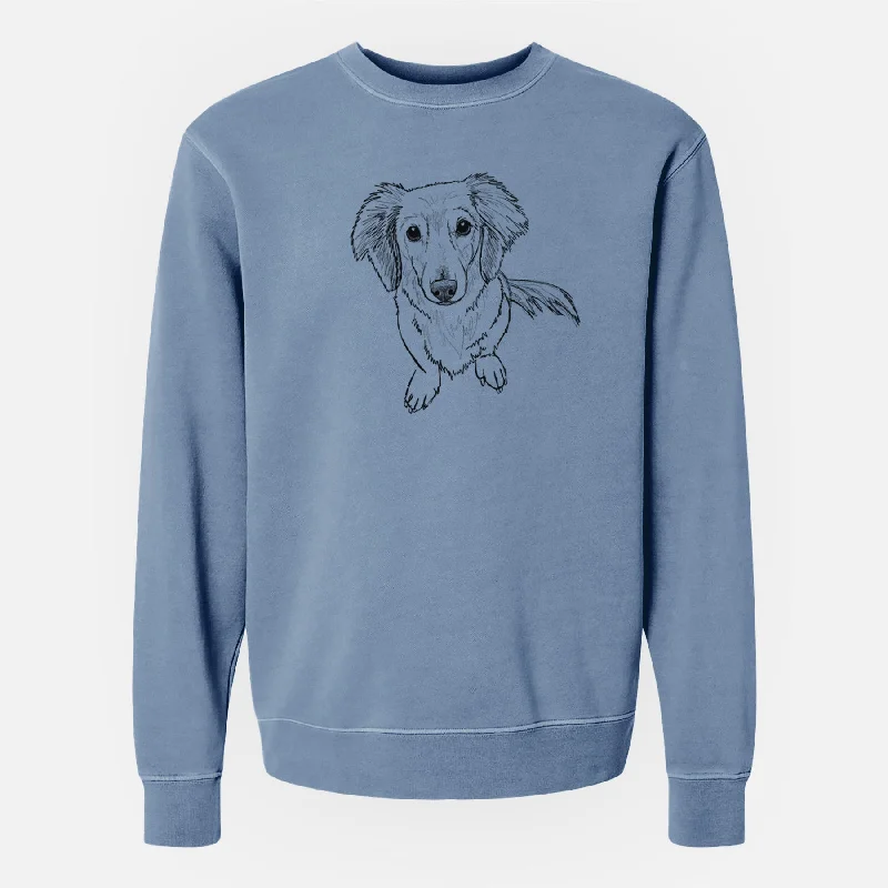 Doodled Enzo the Long Haired Dachshund - Unisex Pigment Dyed Crew Sweatshirt Hoodie with Emblem Brand Identity Hoodie with Emblem Brand Identity