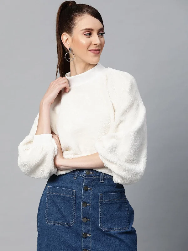 White Balloon Sleeve Faux Fur Sweatshirt Hoodie Crop Top Short Trendy Hoodie Crop Top Short Trendy