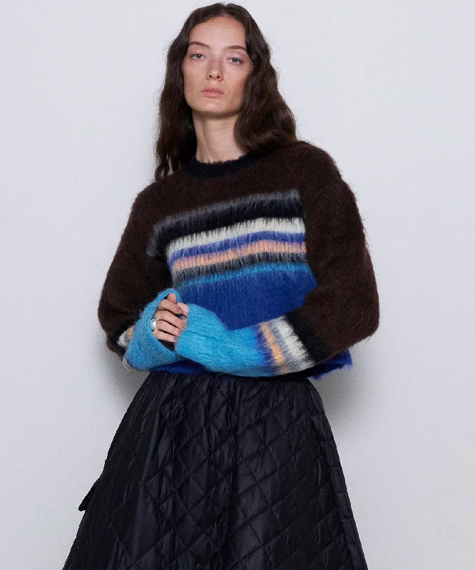 Multi Border Short Length Knit Tops Patterned Knit Tee