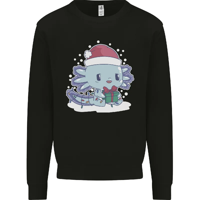 Cute Christmas Axoloti Wearing a Chirstmas Hat Xmas Mens Sweatshirt Jumper Hoodie with Exposed Zipper Edgy Industrial Hoodie with Exposed Zipper Edgy Industrial