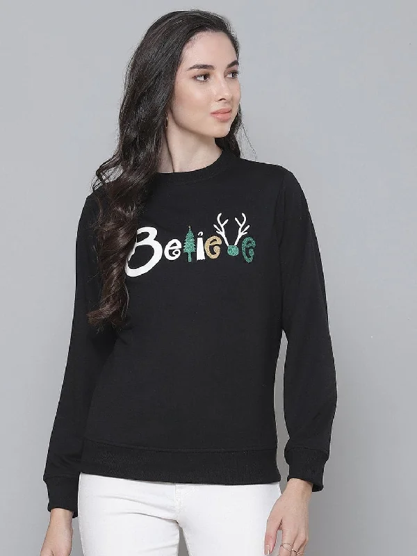 Black Terry BELIEVE Sweatshirt Hoodie with Hem Detail Decorative Unique Hoodie with Hem Detail Decorative Unique