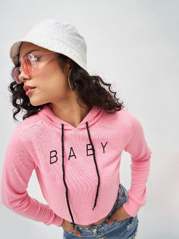 Pink Baby-Print Crop Boxy Hoodie Hoodie with Hem Patch Decorative Personalized Hoodie with Hem Patch Decorative Personalized