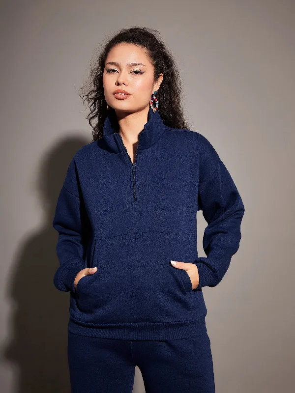 Women Navy Fleece Front Zipper Sweatshirt Hoodie with Zipper Placket Modern Functional Hoodie with Zipper Placket Modern Functional