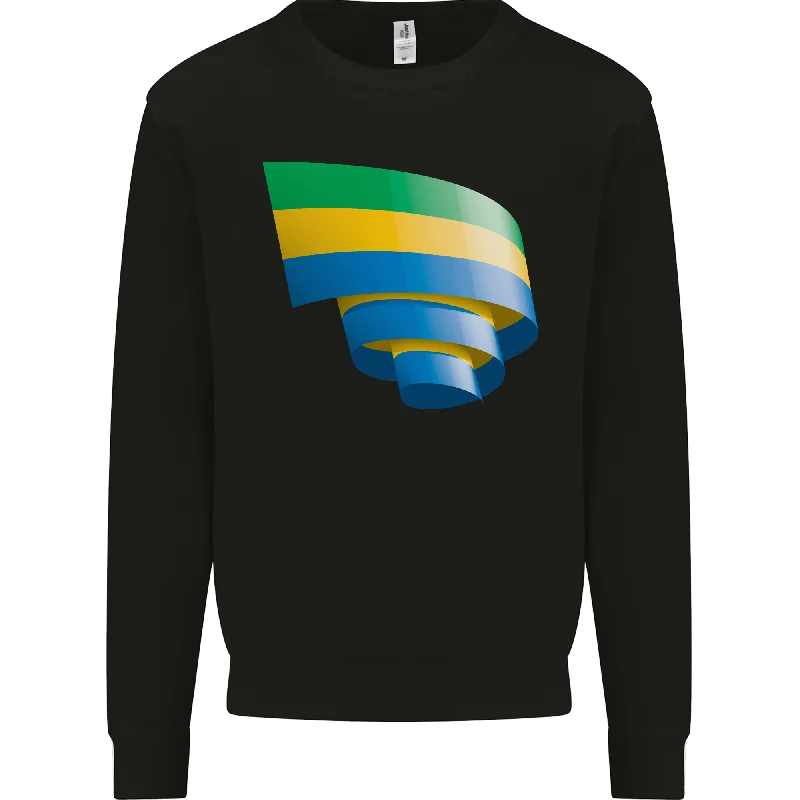 Curled Gabon Flag Gabonese Day Football Mens Sweatshirt Jumper Hoodie with Hem Raw Edge Edgy Unfinished Hoodie with Hem Raw Edge Edgy Unfinished