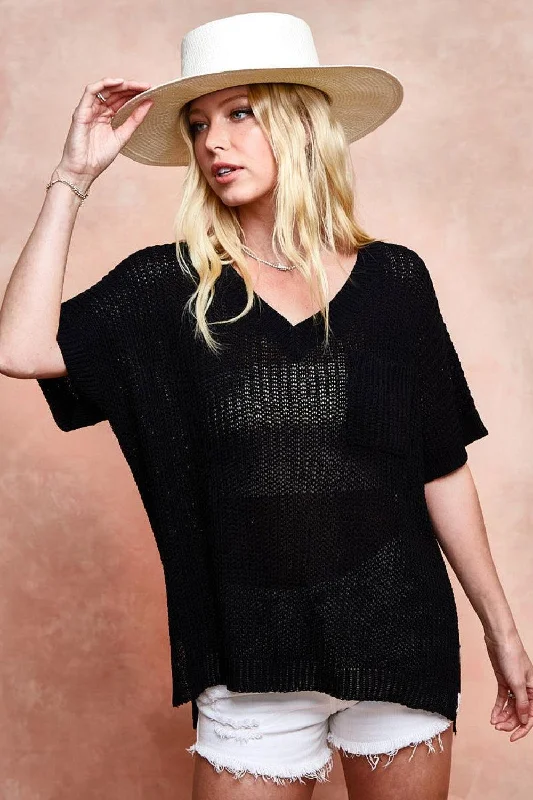 BiBi V-Neck Short Sleeve Knit Top Casual Knit Blouse