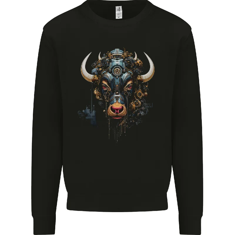 Cyberbull Cyborg Bull Steampunk Fantasy Cow Mens Sweatshirt Jumper Hoodie with Hem Contrast Bold Stylish Hoodie with Hem Contrast Bold Stylish