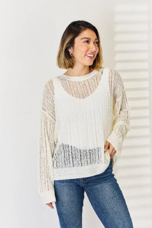 HYFVE Openwork Ribbed Trim Long Sleeve Knit Top Soft Knit Shirt